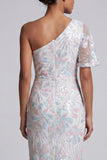 White Floral Sequins Bodycon One Shoulder Long Mother of the Bride Dress