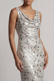 Sparkly Silver Cowl Neck Sequins Mermaid Long Mother of the Bride Dress