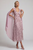 Fog Halter Neck Sequins A-Line Floral Midi Mother of the Bride Dress with Cape Sleeves