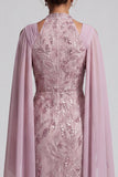 Fog Halter Neck Sequins A-Line Floral Midi Mother of the Bride Dress with Cape Sleeves