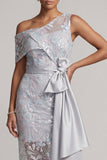 One Shoulder Light Grey Sequins Mermaid Asymmetrical Floral Mother of the Bride Dress with Sash