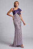 Mermaid Purple Beaded Bow Long Mother of the Bride Dress with Pockets