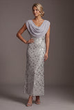 Mermaid Silver Sequins Cowl Neck Long Mother of the Bride Dress