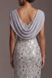 Mermaid Silver Sequins Cowl Neck Long Mother of the Bride Dress