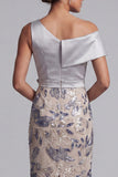 Silver Bodycon Sequins Floral One Shoulder Long Mother of the Bride Dress with Slit