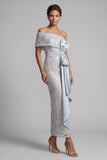 Dusty Blue Bodycon Sequins Floral Long Mother of the Bride Dress with Bow