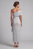 Dusty Blue Bodycon Sequins Floral Long Mother of the Bride Dress with Bow