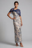 Navy Floral Bodycon Sequins Long Mother of the Bride Dress with Cape