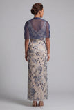 Navy Floral Bodycon Sequins Long Mother of the Bride Dress with Cape