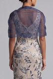 Navy Floral Bodycon Sequins Long Mother of the Bride Dress with Cape