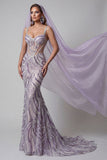 Lilac Sheer Corset Mermaid Sequins Long Pageant Dress with Veils