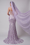 Lilac Sheer Corset Mermaid Sequins Long Pageant Dress with Veils