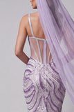 Lilac Sheer Corset Mermaid Sequins Long Pageant Dress with Veils