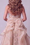Champagne Mermaid Spaghetti Straps Sequins Long Pageant Dress with Ruffle Train