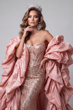 Sweetheart Pink Mermaid Corset Sequins Long Pageant Dress with Ruffle Train
