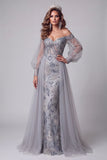 Off the Shoulder Dusty Blue Mermaid Sequins Long Pageant Dress with Train