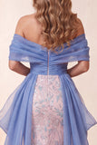 Blue and Pink Off the Shoulder Sequins Mermaid Long Pageant Dress with Train