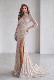 Mermaid Champagne High Neck Sequins Fringed Long Pageant Dress with Slit