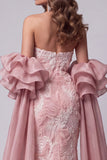 Strapless Pink Mermaid Beaded Long Pageant Dress with Train