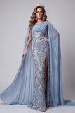 Grey Blue Mermaid Sequins Floral Cape Sleeves Long Pageant Dress with Slit