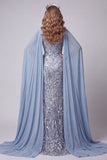 Grey Blue Mermaid Sequins Floral Cape Sleeves Long Pageant Dress with Slit