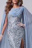 Grey Blue Mermaid Sequins Floral Cape Sleeves Long Pageant Dress with Slit