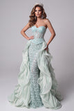 Mint Green Sweetheart Mermaid Sheer Corset Sequins Long Pageant Dress with Ruffle Train