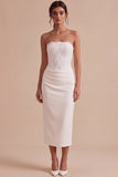 White Strapless Midi Bodycon Ruched Corset Engagement Dress with Slit