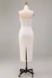 White Strapless Midi Bodycon Ruched Corset Engagement Dress with Slit