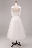 A-Line White Square Neck Midi Tulle Engagement Dress with Bow