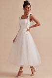 A-Line White Square Neck Midi Tulle Engagement Dress with Bow