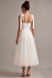 A-Line White Square Neck Midi Tulle Engagement Dress with Bow