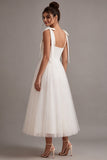A-Line White Square Neck Midi Tulle Engagement Dress with Bow