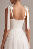 A-Line White Square Neck Midi Tulle Engagement Dress with Bow