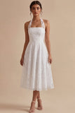 A-Line White Flower Halter Neck Midi Engagement Dress with Lace
