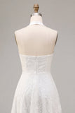 A-Line White Flower Halter Neck Midi Engagement Dress with Lace