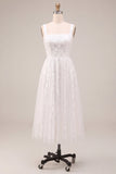 A-Line White Square Neck Floral Midi Engagement Dress