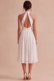 White Halter Neck A-Line Midi Engagement Dress with Lace