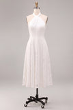 White Halter Neck A-Line Midi Engagement Dress with Lace