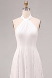 White Halter Neck A-Line Midi Engagement Dress with Lace