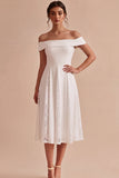 Off the Shoulder White A-Line Midi Engagement Dress with Lace