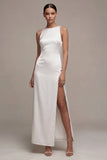 White Mermaid Round Neck Satin Long Engagement Dress with Slit