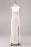 White Mermaid Round Neck Satin Long Engagement Dress with Slit