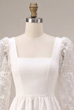 A-Line Square Neck Lace Little White Dress with Long Sleeves