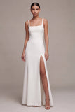 Mermaid White Square Neck Long Engagement Dress with Slit