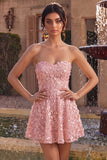 Pink A-Line Sweetheart 3D Flower Short Homecoming Dress with Ruffles