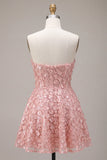 Pink A-Line Sweetheart 3D Flower Short Homecoming Dress with Ruffles