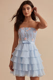 Blue Strapless A-Line Tiered Ruffled Floral Short Homecoming Dress
