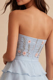 Blue Strapless A-Line Tiered Ruffled Floral Short Homecoming Dress