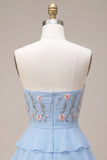 Blue Strapless A-Line Tiered Ruffled Floral Short Homecoming Dress